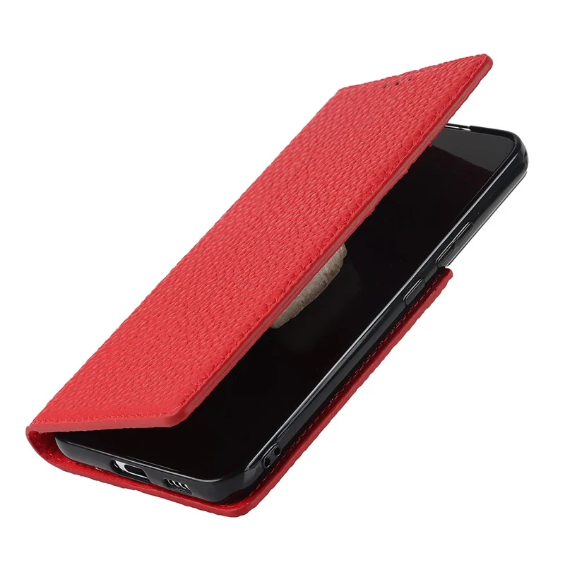 For Samsung Galaxy S22 5G Litchi Texture Genuine Leather Phone Case Wallet Stand Protective Cover with Wrist Strap - Red