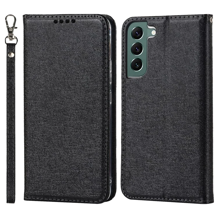 Para Samsung Galaxy S22+ 5G PU Cuero Textura de Seda Case Flip Folio Willet Cover Con Correa de Muñeca - Negro