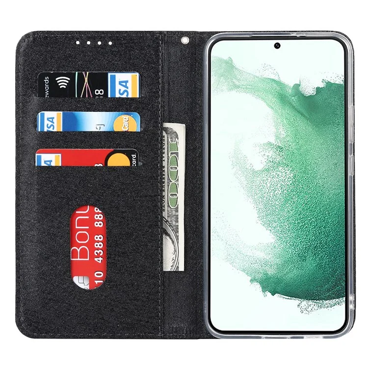 Para Samsung Galaxy S22+ 5G PU Cuero Textura de Seda Case Flip Folio Willet Cover Con Correa de Muñeca - Negro