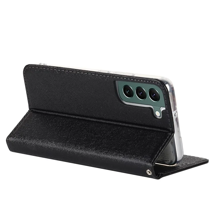 Para Samsung Galaxy S22+ 5G PU Cuero Textura de Seda Case Flip Folio Willet Cover Con Correa de Muñeca - Negro
