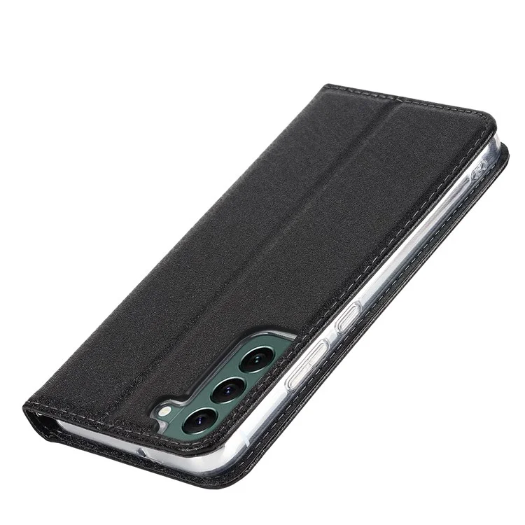 Para Samsung Galaxy S22+ 5G PU Cuero Textura de Seda Case Flip Folio Willet Cover Con Correa de Muñeca - Negro
