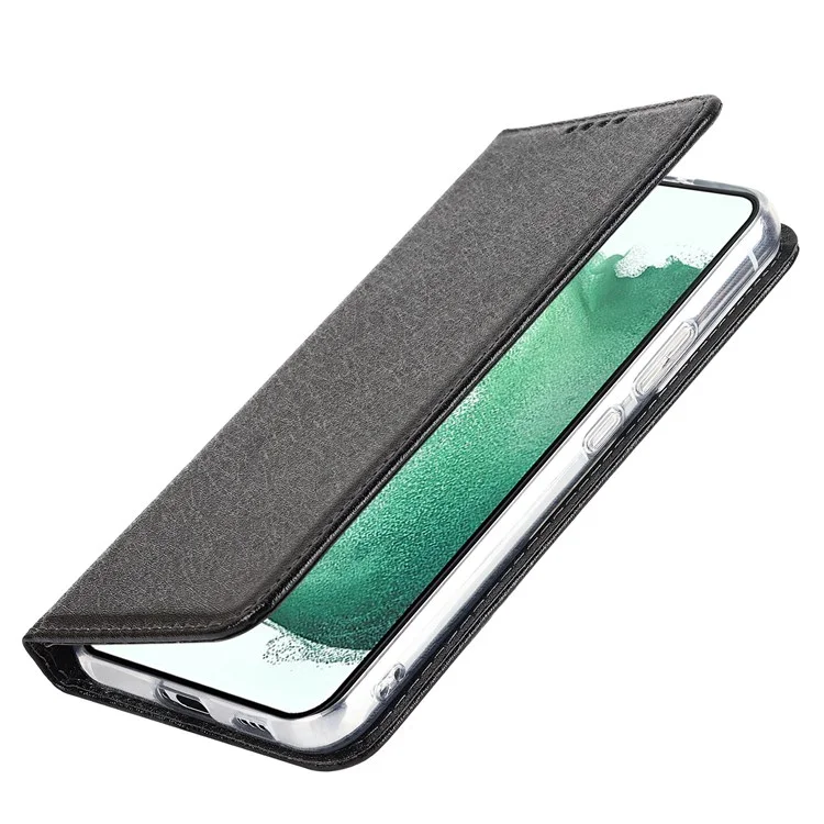 Para Samsung Galaxy S22+ 5G PU Cuero Textura de Seda Case Flip Folio Willet Cover Con Correa de Muñeca - Negro
