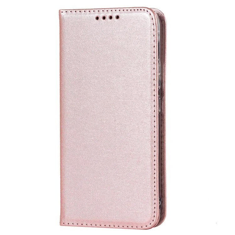 For Samsung Galaxy S22+ 5G PU Leather Silk Texture Phone Case Stand Flip Folio Wallet Cover with Wrist Strap - Rose Gold