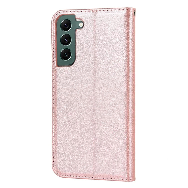 For Samsung Galaxy S22+ 5G PU Leather Silk Texture Phone Case Stand Flip Folio Wallet Cover with Wrist Strap - Rose Gold