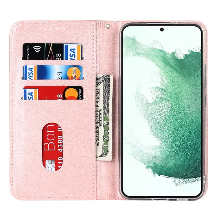 For Samsung Galaxy S22+ 5G PU Leather Silk Texture Phone Case Stand Flip Folio Wallet Cover with Wrist Strap - Rose Gold
