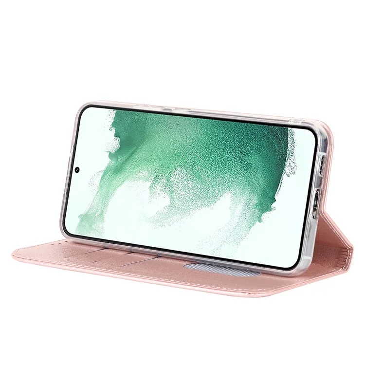 For Samsung Galaxy S22+ 5G PU Leather Silk Texture Phone Case Stand Flip Folio Wallet Cover with Wrist Strap - Rose Gold