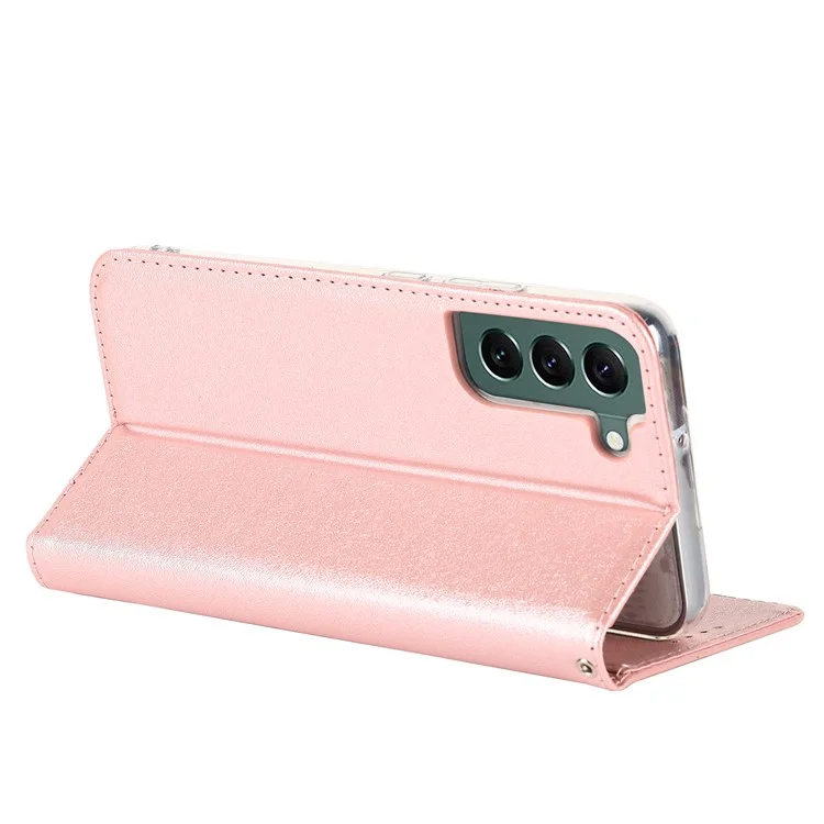 For Samsung Galaxy S22+ 5G PU Leather Silk Texture Phone Case Stand Flip Folio Wallet Cover with Wrist Strap - Rose Gold