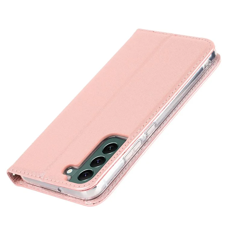 For Samsung Galaxy S22+ 5G PU Leather Silk Texture Phone Case Stand Flip Folio Wallet Cover with Wrist Strap - Rose Gold