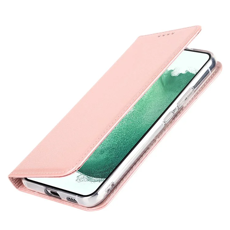 For Samsung Galaxy S22+ 5G PU Leather Silk Texture Phone Case Stand Flip Folio Wallet Cover with Wrist Strap - Rose Gold