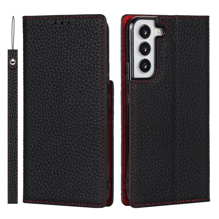 Para Samsung Galaxy S22+ 5G Case de Cuero Genuino Genuino Litchi Texture Willet Standhip Shell Con Correa Para la Mano - Negro