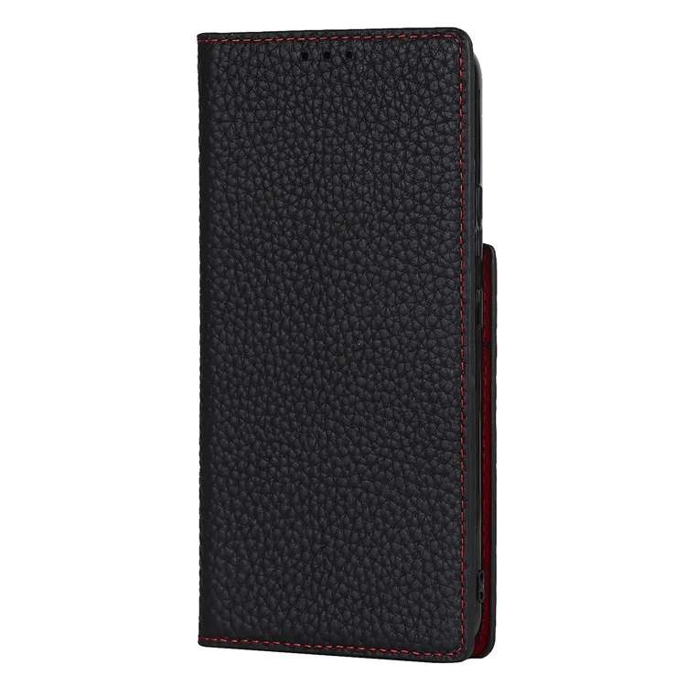 Para Samsung Galaxy S22+ 5G Case de Cuero Genuino Genuino Litchi Texture Willet Standhip Shell Con Correa Para la Mano - Negro