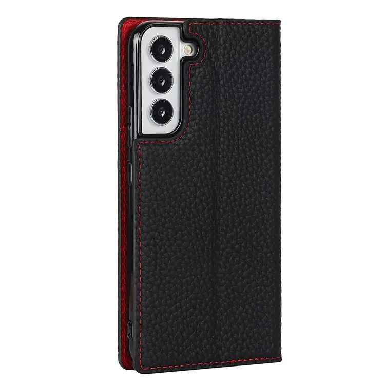 Para Samsung Galaxy S22+ 5G Case de Cuero Genuino Genuino Litchi Texture Willet Standhip Shell Con Correa Para la Mano - Negro