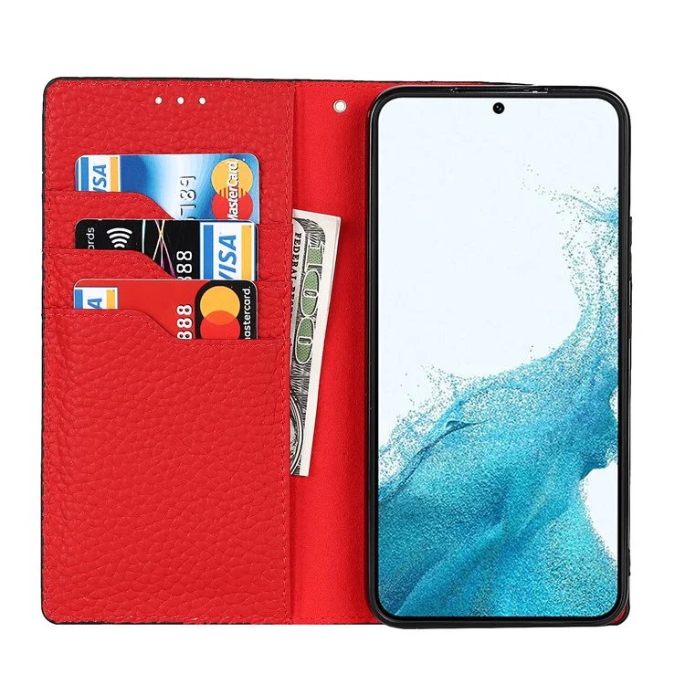 Para Samsung Galaxy S22+ 5G Case de Cuero Genuino Genuino Litchi Texture Willet Standhip Shell Con Correa Para la Mano - Negro