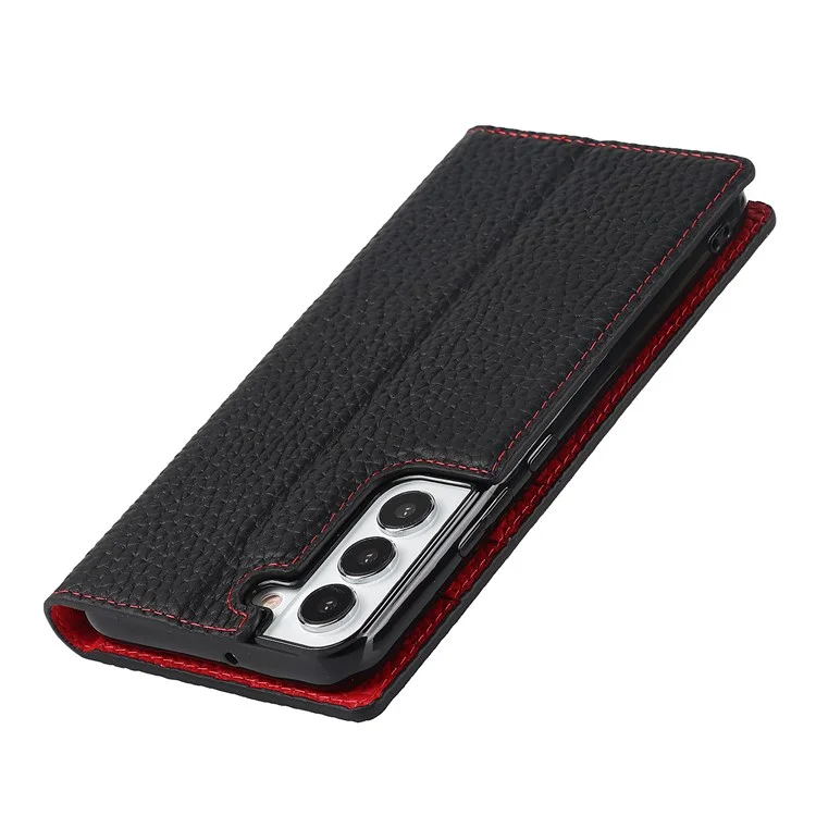 Para Samsung Galaxy S22+ 5G Case de Cuero Genuino Genuino Litchi Texture Willet Standhip Shell Con Correa Para la Mano - Negro
