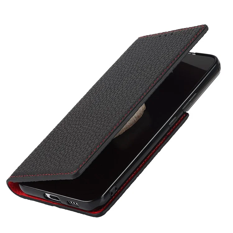 Para Samsung Galaxy S22+ 5G Case de Cuero Genuino Genuino Litchi Texture Willet Standhip Shell Con Correa Para la Mano - Negro