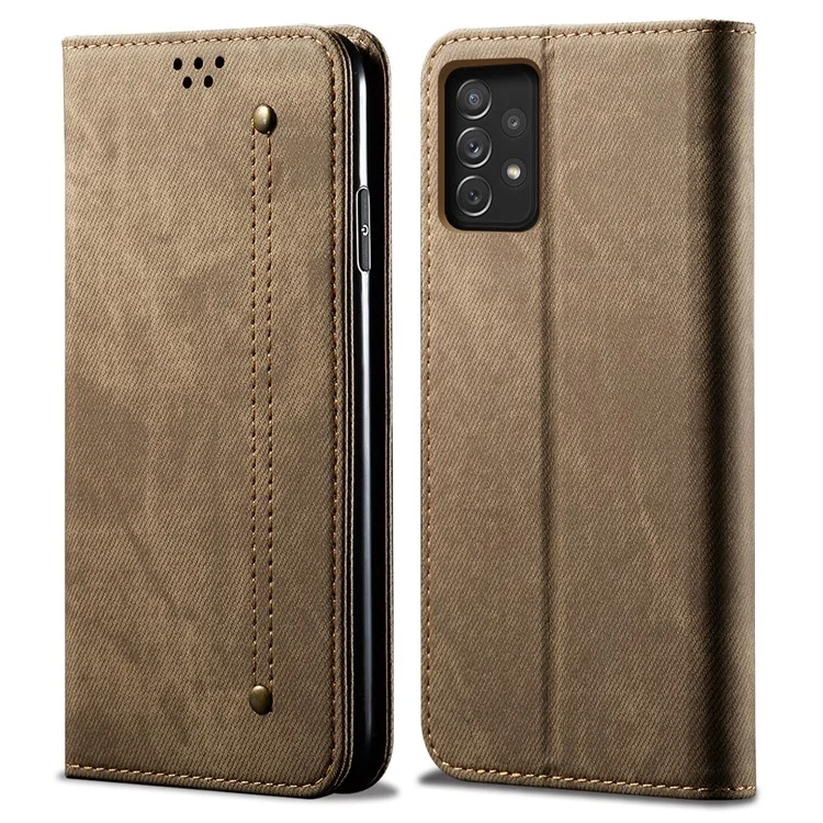 Для Samsung Galaxy A23 4G / 5G (Global Version) PU Leather Wallet Flip Magnetic Absorption Cover Jeans Cloth Texture Soft Feeling Anti-Scratch Stand Phone Case - Khaki
