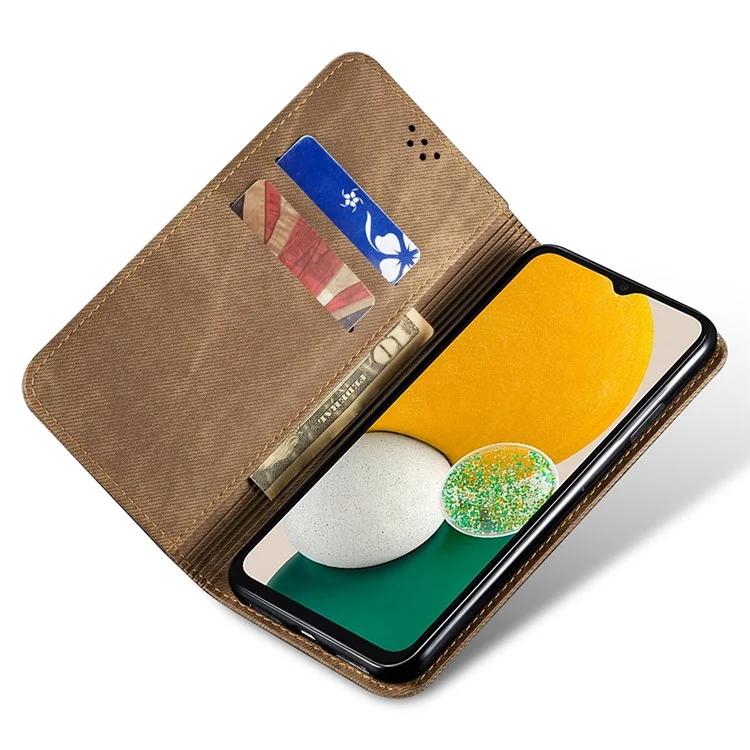 Для Samsung Galaxy A23 4G / 5G (Global Version) PU Leather Wallet Flip Magnetic Absorption Cover Jeans Cloth Texture Soft Feeling Anti-Scratch Stand Phone Case - Khaki