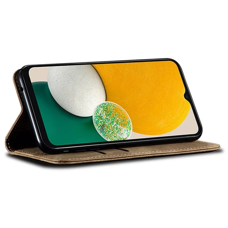 Для Samsung Galaxy A23 4G / 5G (Global Version) PU Leather Wallet Flip Magnetic Absorption Cover Jeans Cloth Texture Soft Feeling Anti-Scratch Stand Phone Case - Khaki
