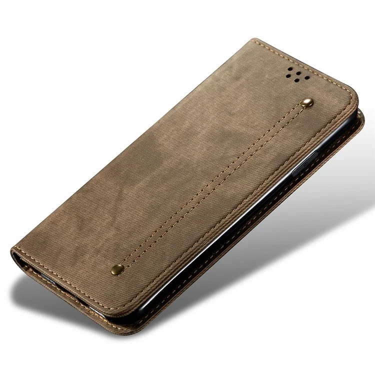 Для Samsung Galaxy A23 4G / 5G (Global Version) PU Leather Wallet Flip Magnetic Absorption Cover Jeans Cloth Texture Soft Feeling Anti-Scratch Stand Phone Case - Khaki