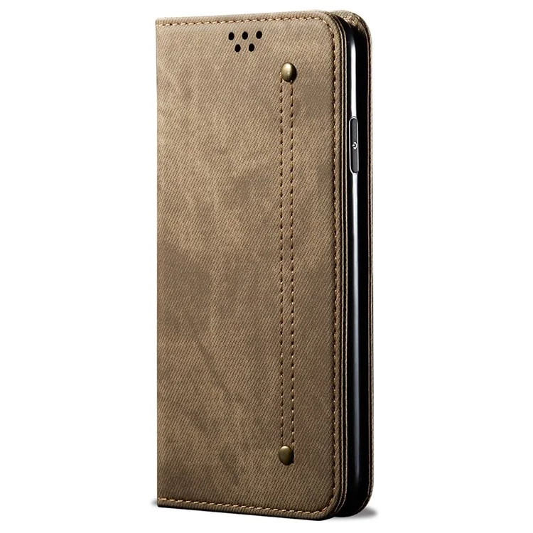 Для Samsung Galaxy A23 4G / 5G (Global Version) PU Leather Wallet Flip Magnetic Absorption Cover Jeans Cloth Texture Soft Feeling Anti-Scratch Stand Phone Case - Khaki