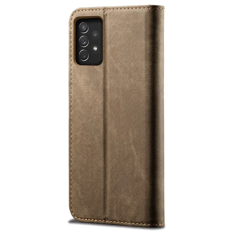 Для Samsung Galaxy A23 4G / 5G (Global Version) PU Leather Wallet Flip Magnetic Absorption Cover Jeans Cloth Texture Soft Feeling Anti-Scratch Stand Phone Case - Khaki
