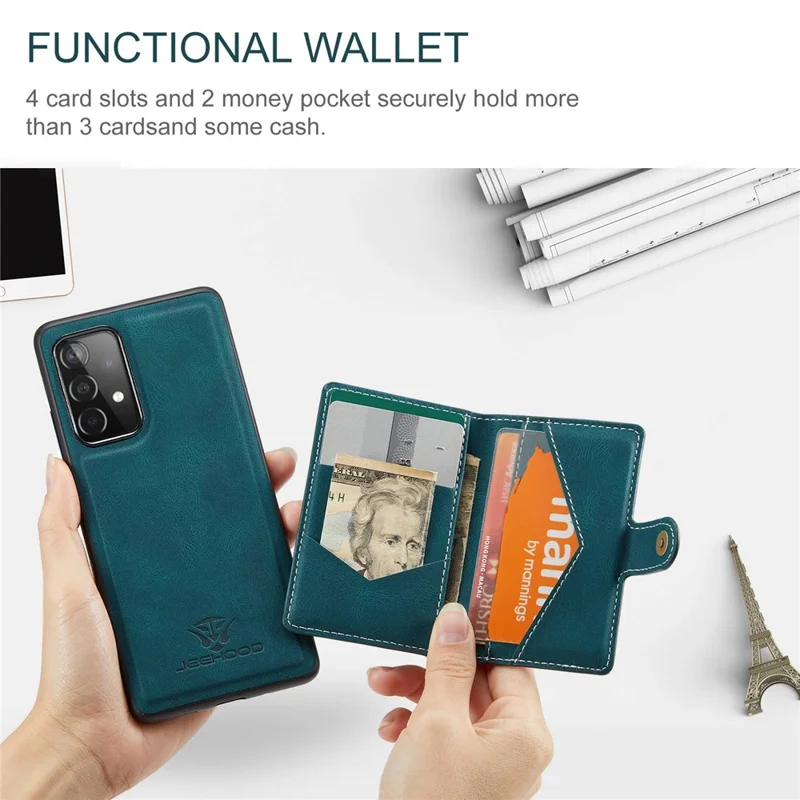 JEEHOOD For Samsung Galaxy A53 5G Shell Detachable 2-in-1 Wallet Kickstand Design Leather Coated TPU Phone Case - Green
