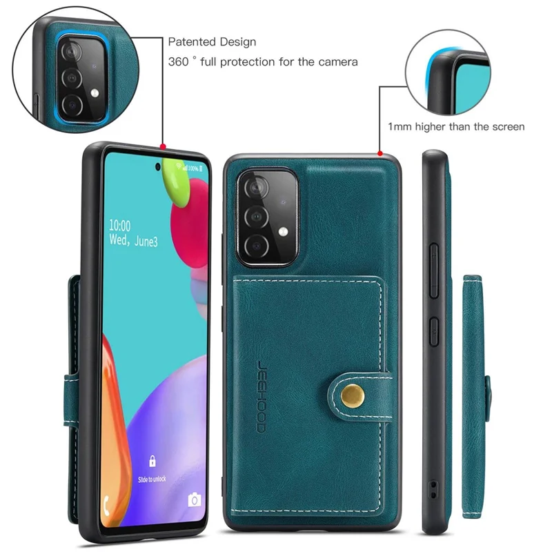 JEEHOOD For Samsung Galaxy A53 5G Shell Detachable 2-in-1 Wallet Kickstand Design Leather Coated TPU Phone Case - Green