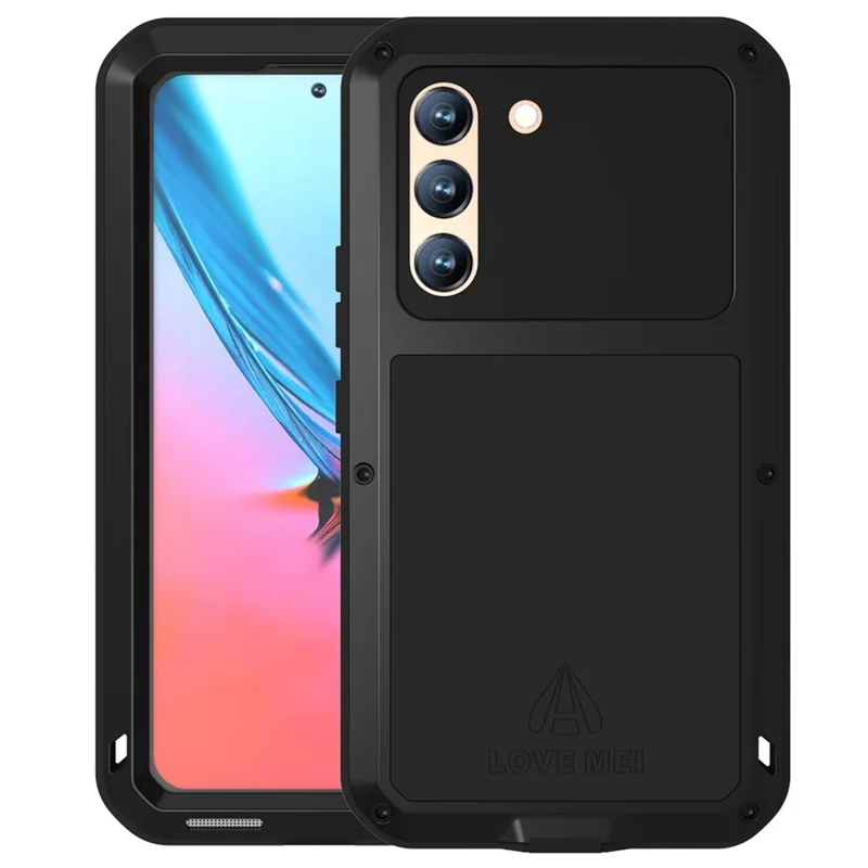 LOVE MEI per Samsung Galaxy S22 5G Custodia per telefono in silicone + metallo con pellicola in vetro temperato - Nero