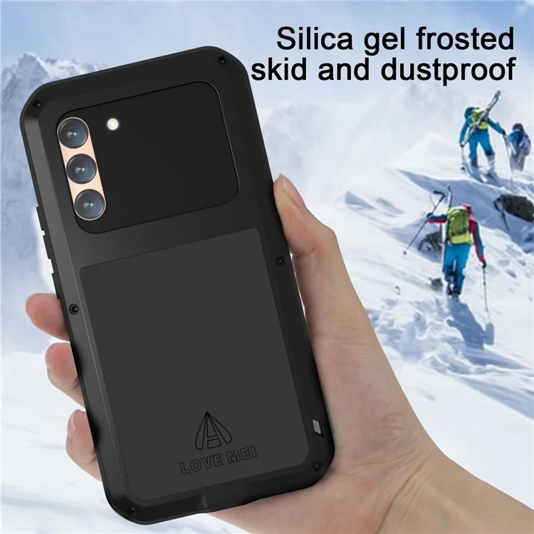 LOVE MEI Étui au Téléphone à Disposition de Choc Pour Samsung Galaxy S22 + 5G Étui en Silicone en Métal de Pare-chocs Résistant Aux Rayures Anti-Drop Avec Protecteur D'écran en Verre Trempé - Argent