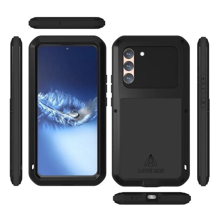 LOVE MEI Étui au Téléphone à Disposition de Choc Pour Samsung Galaxy S22 + 5G Étui en Silicone en Métal de Pare-chocs Résistant Aux Rayures Anti-Drop Avec Protecteur D'écran en Verre Trempé - Argent