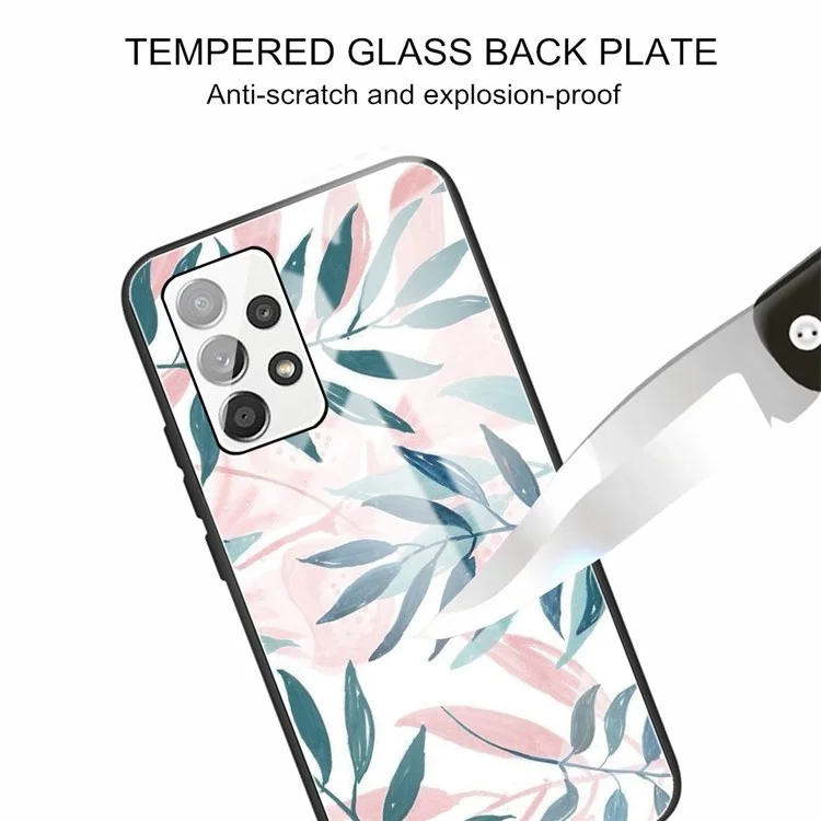 For Samsung Galaxy A13 4G Phone Shell Flexible TPU Frame + Tempered Glass Black Fashionable Pattern Printing Cover - Leaves