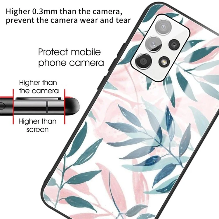 For Samsung Galaxy A13 4G Phone Shell Flexible TPU Frame + Tempered Glass Black Fashionable Pattern Printing Cover - Leaves