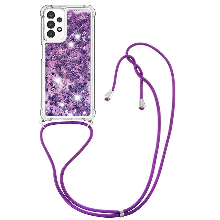 Para Samsung Galaxy A13 4G YB Quicksand Series-4 Glitter Quicksand Liquid Shock-absorbing TPU Protective Cover Phone Shell with Lanyard - Dark Purple/Hearts