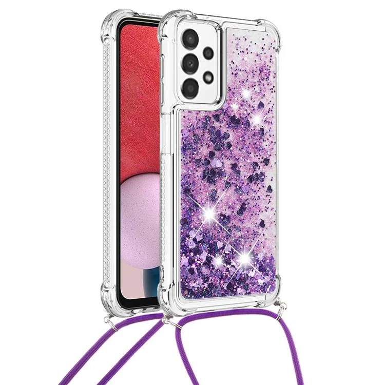 Para Samsung Galaxy A13 4G YB Quicksand Series-4 Glitter Quicksand Liquid Shock-absorbing TPU Protective Cover Phone Shell with Lanyard - Dark Purple/Hearts