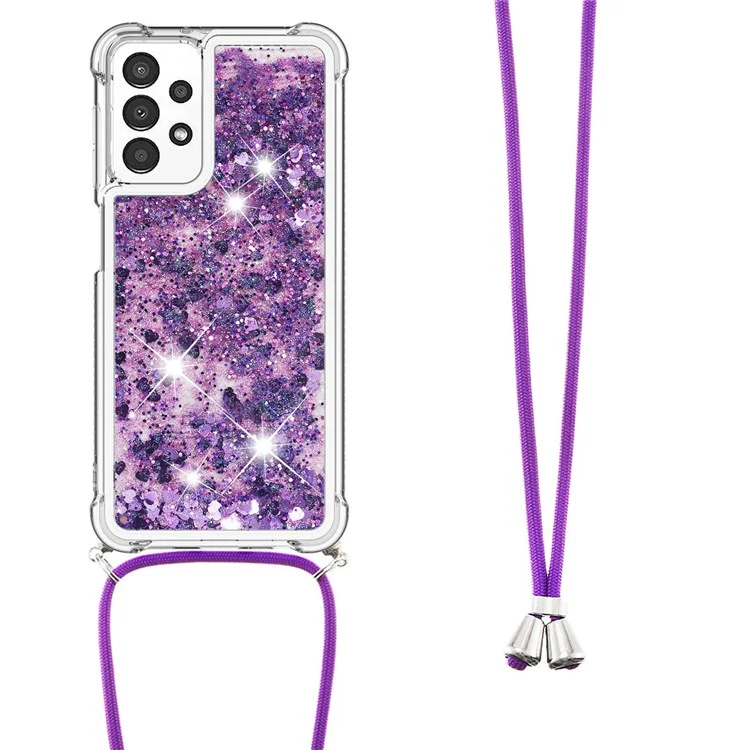 Para Samsung Galaxy A13 4G YB Quicksand Series-4 Glitter Quicksand Liquid Shock-absorbing TPU Protective Cover Phone Shell with Lanyard - Dark Purple/Hearts
