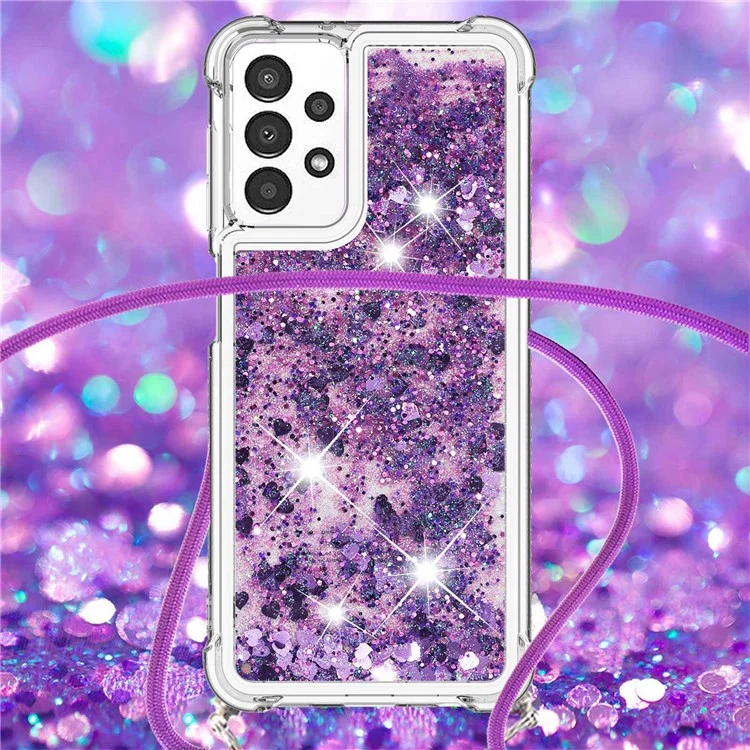 Para Samsung Galaxy A13 4G YB Quicksand Series-4 Glitter Quicksand Liquid Shock-absorbing TPU Protective Cover Phone Shell with Lanyard - Dark Purple/Hearts