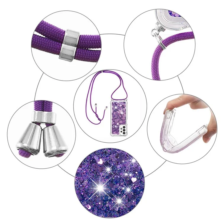 Para Samsung Galaxy A13 4G YB Quicksand Series-4 Glitter Quicksand Liquid Shock-absorbing TPU Protective Cover Phone Shell with Lanyard - Dark Purple/Hearts