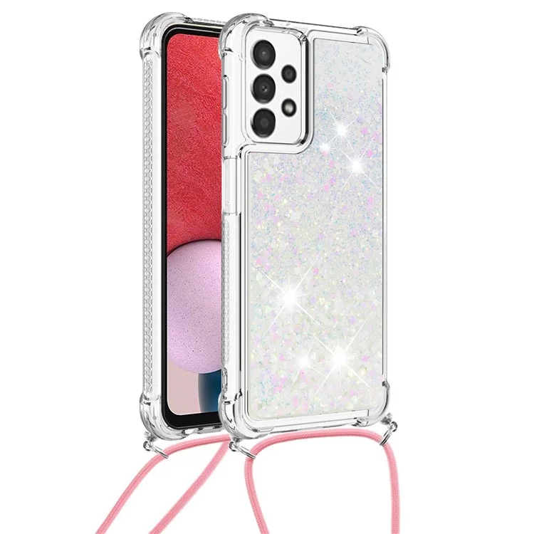 For Samsung Galaxy A13 4G TPU Case Quicksand Design Phone Cover with Lanyard - Laser / Hearts