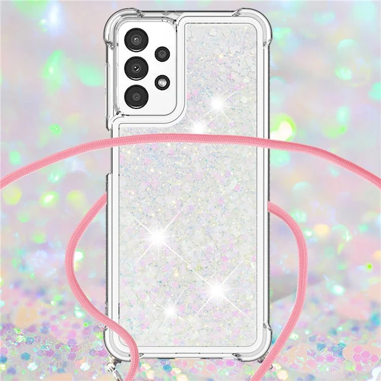 For Samsung Galaxy A13 4G TPU Case Quicksand Design Phone Cover with Lanyard - Laser / Hearts