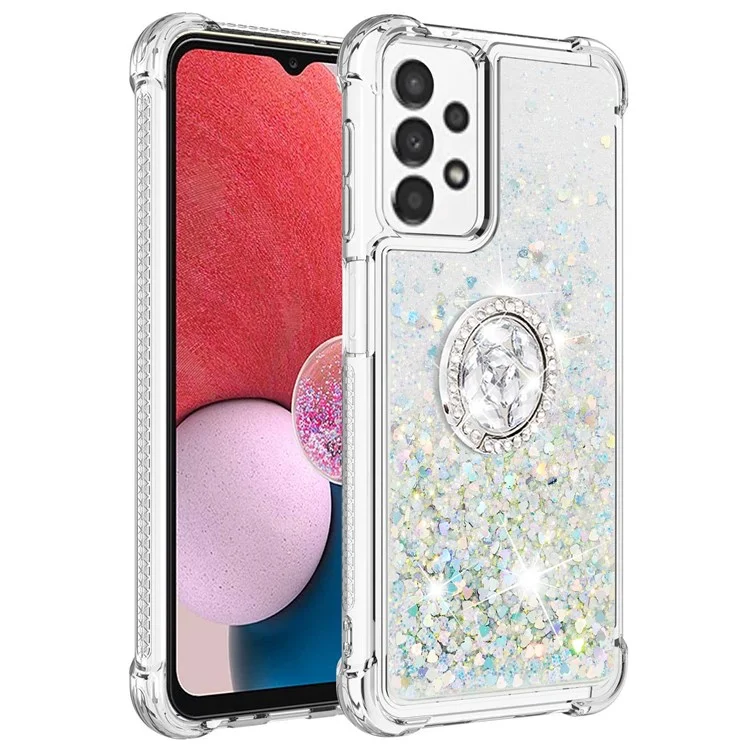 For Samsung Galaxy A13 4G TPU Case with Kickstand Quicksand Shockproof Cover - Silver / Hearts