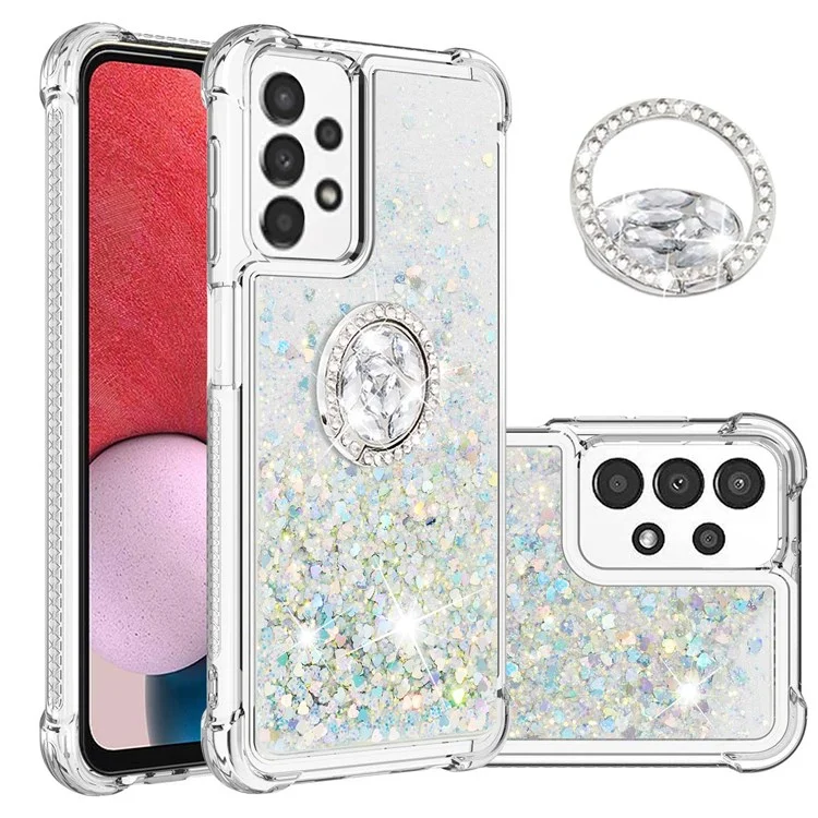 For Samsung Galaxy A13 4G TPU Case with Kickstand Quicksand Shockproof Cover - Silver / Hearts