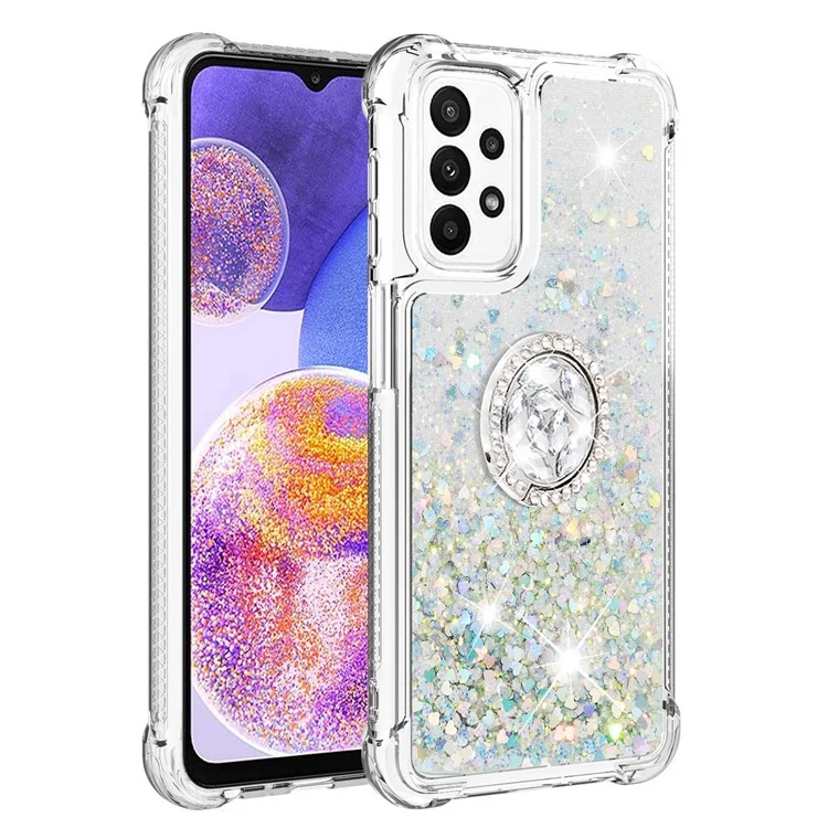 For Samsung Galaxy A23 4G / 5G (Version mondiale) Quicksand Series-7 Ring Kickstand Anti-scratch Phone Case Glitter Sequins Soft TPU Cover - Silver / Hearts