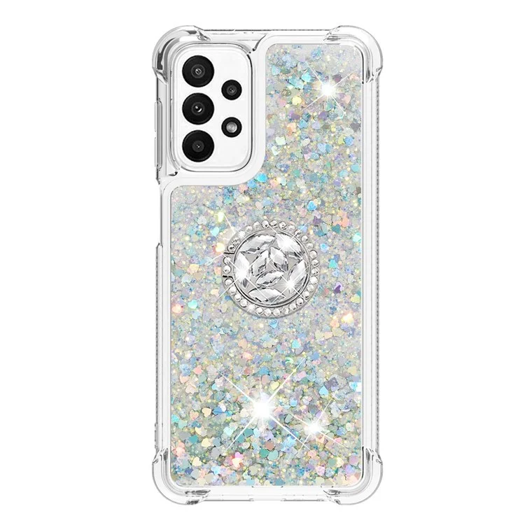 For Samsung Galaxy A23 4G / 5G (Version mondiale) Quicksand Series-7 Ring Kickstand Anti-scratch Phone Case Glitter Sequins Soft TPU Cover - Silver / Hearts