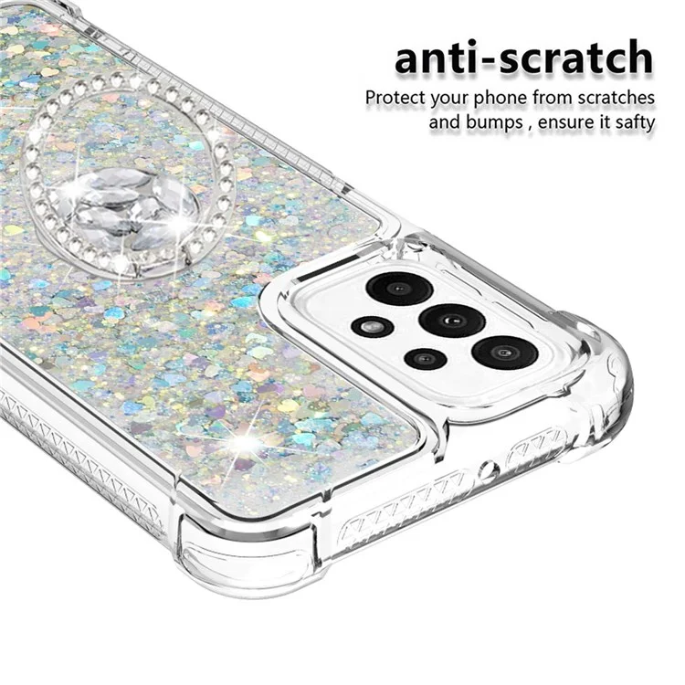For Samsung Galaxy A23 4G / 5G (Version mondiale) Quicksand Series-7 Ring Kickstand Anti-scratch Phone Case Glitter Sequins Soft TPU Cover - Silver / Hearts