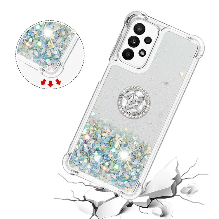 For Samsung Galaxy A23 4G / 5G (Version mondiale) Quicksand Series-7 Ring Kickstand Anti-scratch Phone Case Glitter Sequins Soft TPU Cover - Silver / Hearts