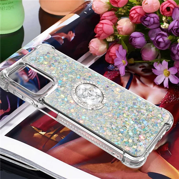 For Samsung Galaxy A23 4G / 5G (Version mondiale) Quicksand Series-7 Ring Kickstand Anti-scratch Phone Case Glitter Sequins Soft TPU Cover - Silver / Hearts