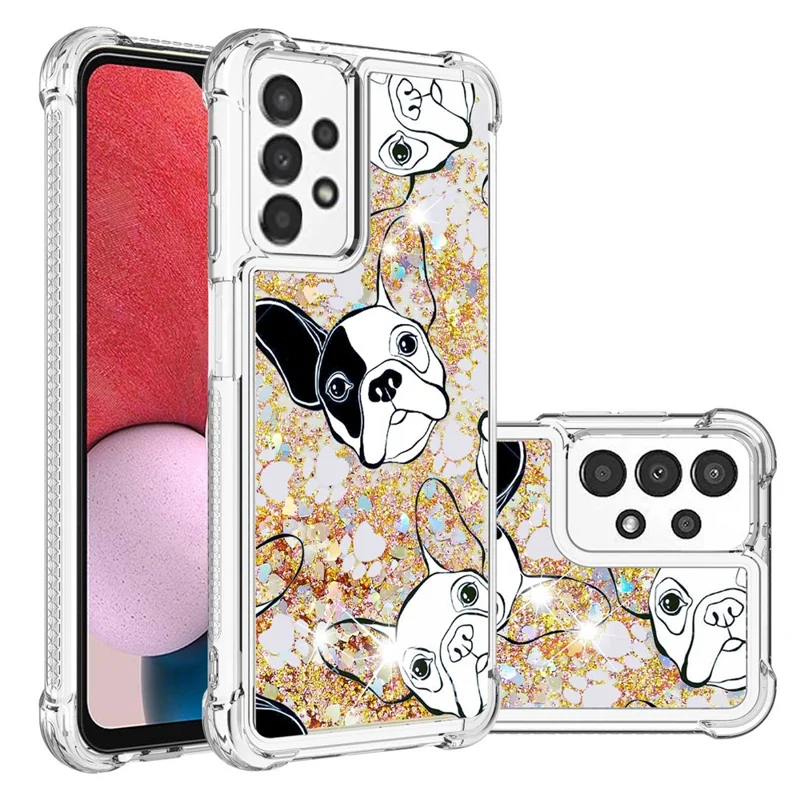 For Samsung Galaxy A13 4G TPU Case with Quicksand and Pattern Printed - Black / White Puppy