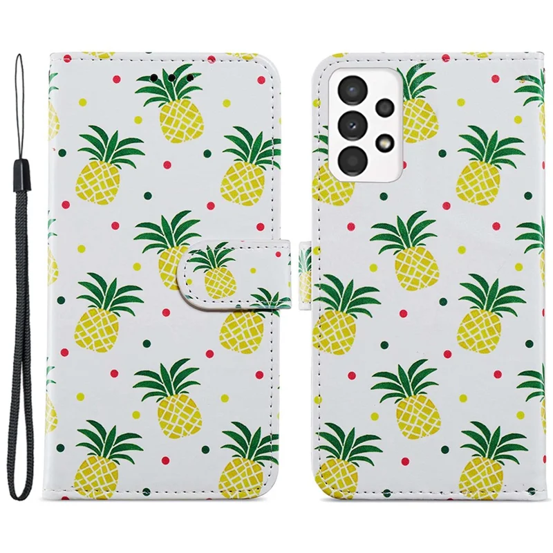 For Samsung Galaxy A13 4G Pattern Printing PU Leather Wallet Horizontal Stand Folio Cover with Wrist Strap - Pineapple