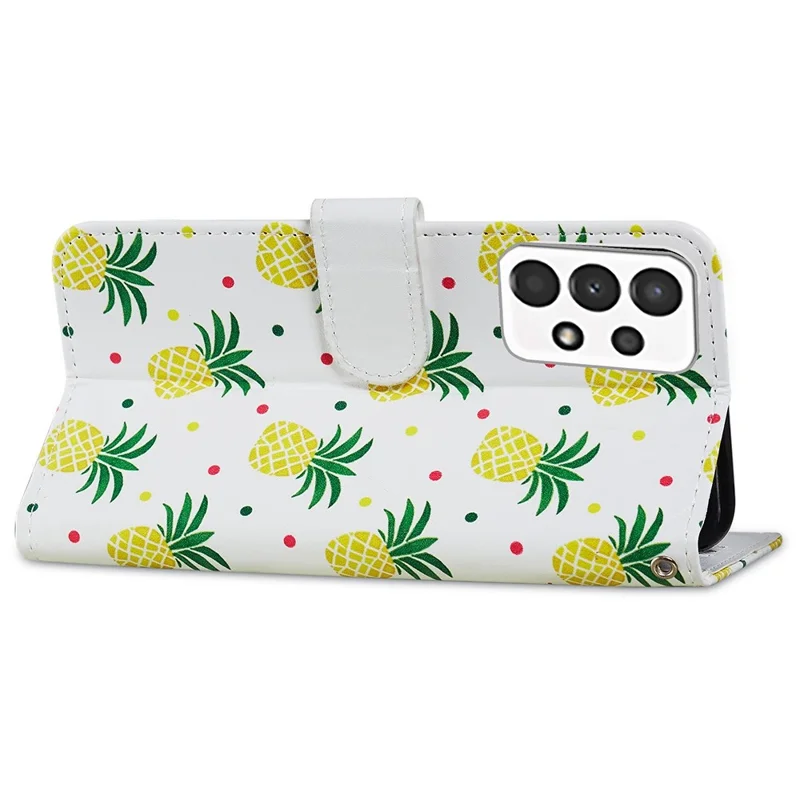 For Samsung Galaxy A13 4G Pattern Printing PU Leather Wallet Horizontal Stand Folio Cover with Wrist Strap - Pineapple