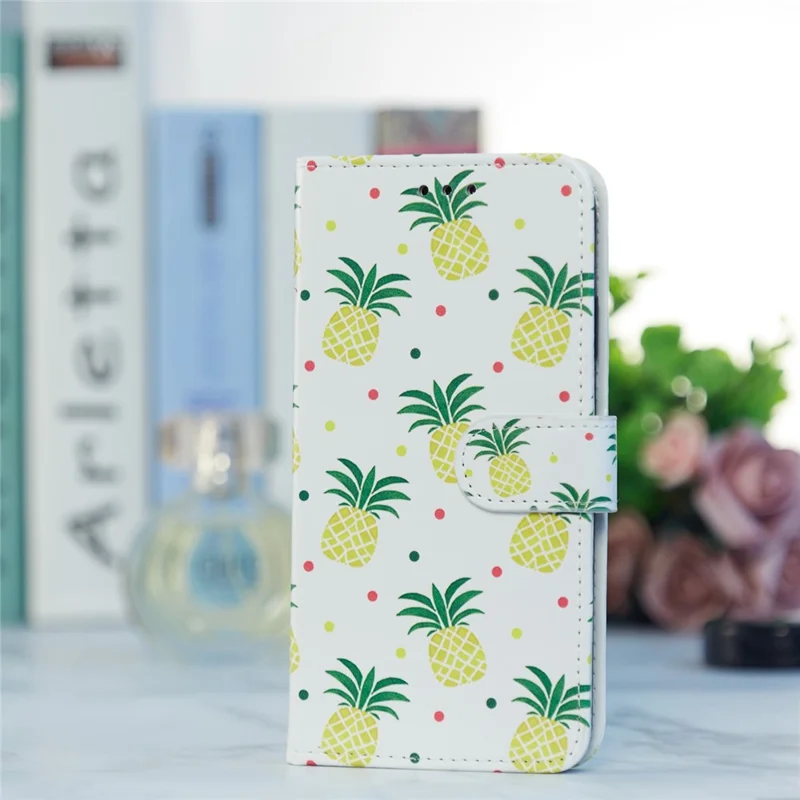 For Samsung Galaxy A13 4G Pattern Printing PU Leather Wallet Horizontal Stand Folio Cover with Wrist Strap - Pineapple